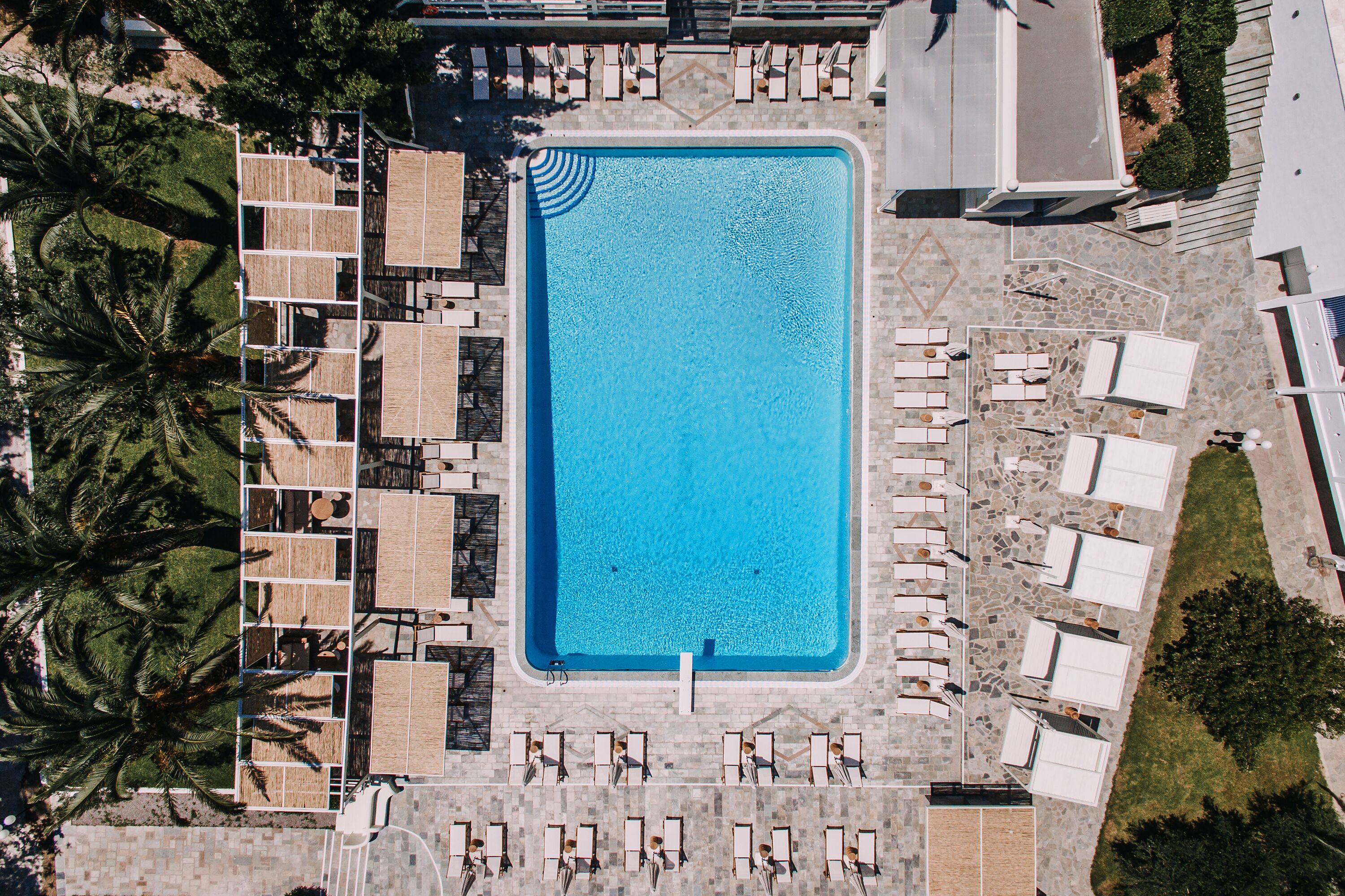 An aerial view of a swimming pool surrounded by lounge chairs and umbrellas, with palm trees and a tiled deck.