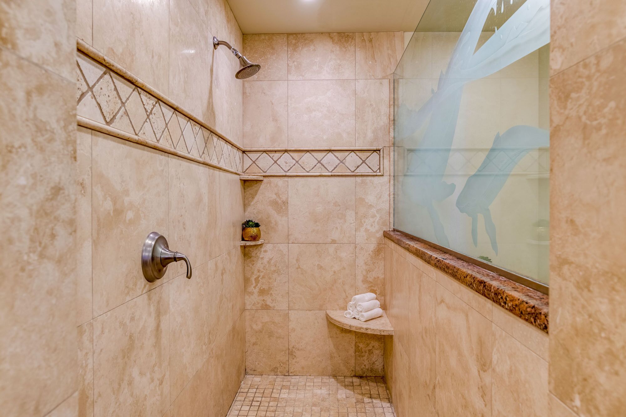 Un espacio de ducha pequeño con azulejos, un cabezal de ducha, un perchero y una estantería con una planta.