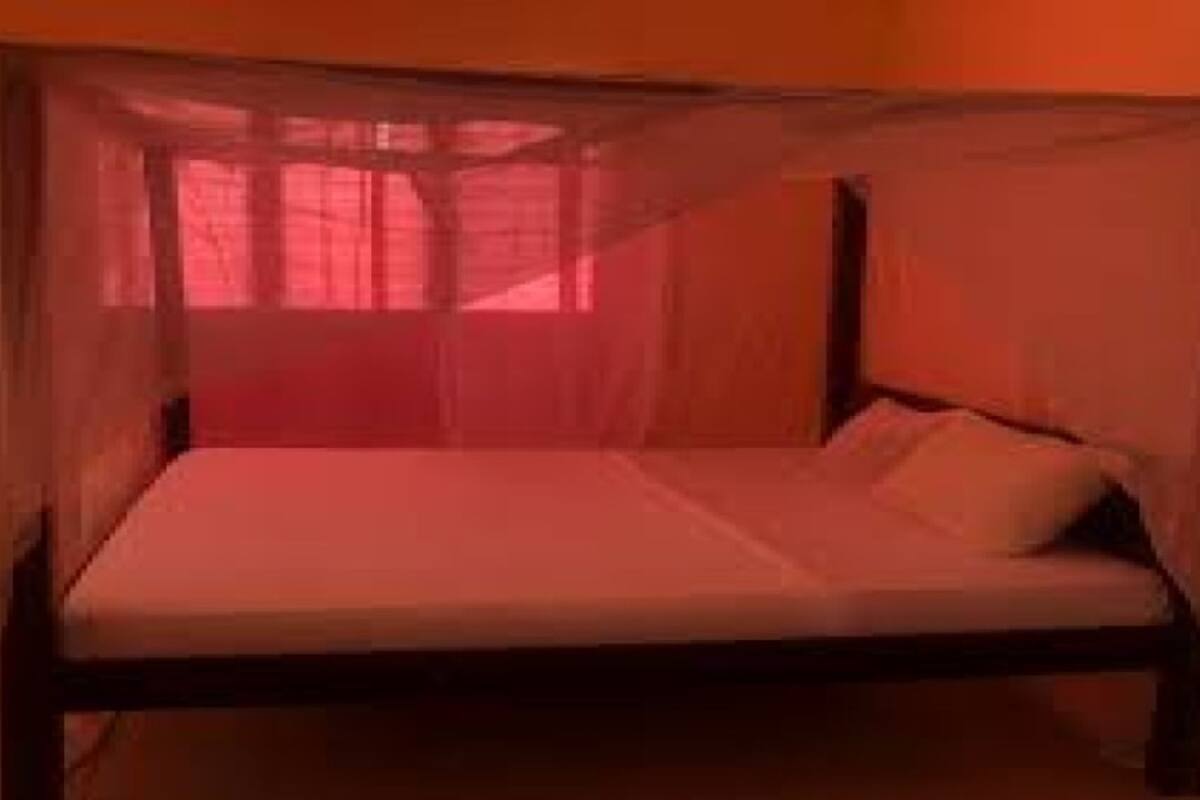 A single bed with a canopy, a window with red lighting, and a plain wall.
