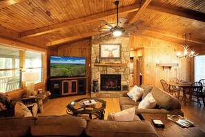 Televisio, takka, stereot, työhuone