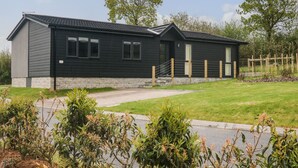 A modern two-story house with a stone foundation and a dark exterior. - Lily (Lifton)