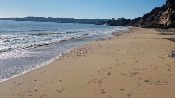 A wide sandy beach with footprints leading to the water, a clear sky, and a distant shoreline with buildings.
