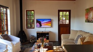 A living room with a fireplace, a television, and a sofa. - - Country getaway in Peaceful setting yet minutes from Town (Gqeberha)