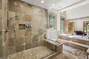 Bathtub, jetted bath, hair dryer, towels