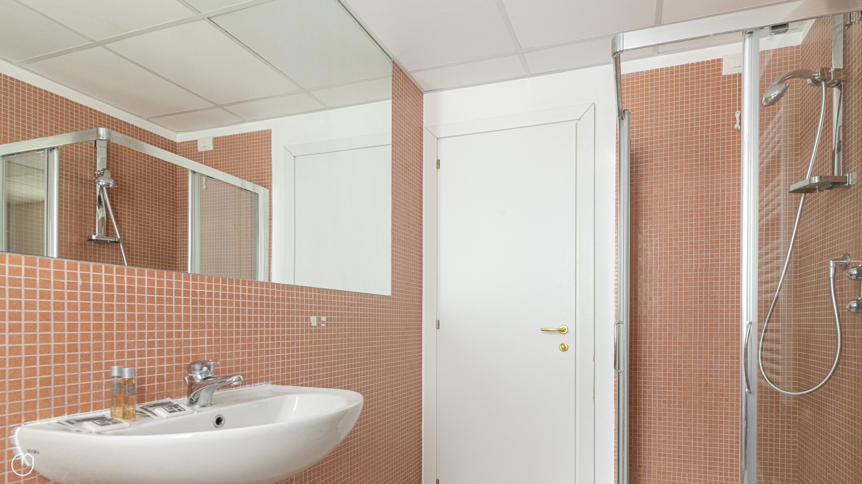Een badkamer met een witte wastafel, een spiegel, een douche met glazen deur en een betegelde wand.