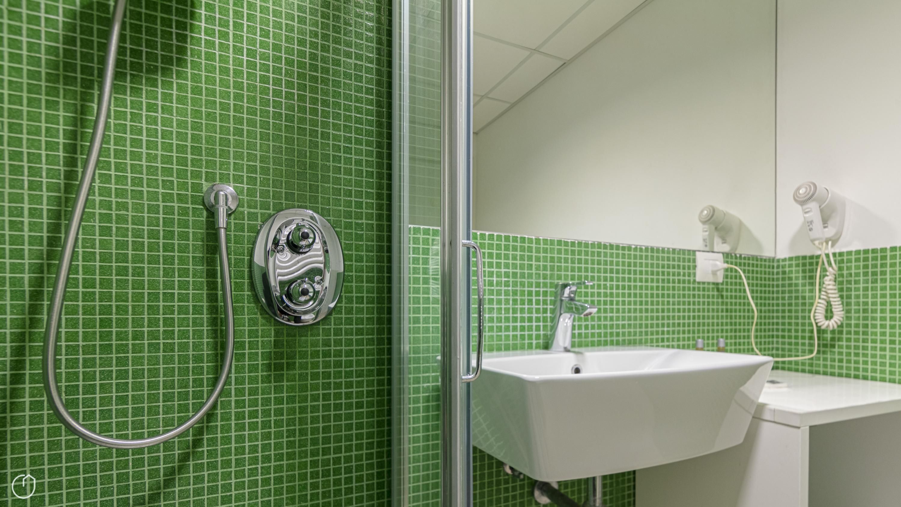 A bathroom with a shower, a sink, and a mirror.
