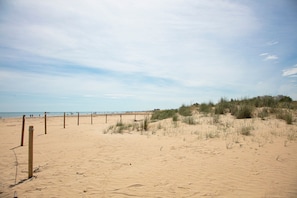 A sandy beach with a wooden fence and dunes in the background.