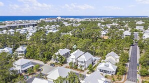 A residential area with houses surrounded by trees and a view of the ocean.