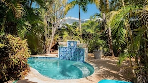 A swimming pool surrounded by tropical plants and a tiled wall.