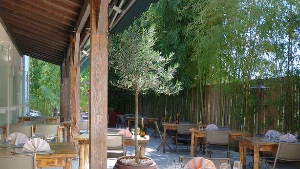 An outdoor dining area with wooden tables and chairs, surrounded by bamboo plants and a pergola structure. - Hotel Restaurant des Thermes (Castera-Verduzan)