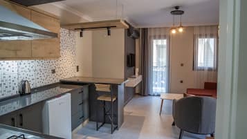 Apartamento luxo | Cozinha privada | Frigobar, fogão, cooktop, lava-louças