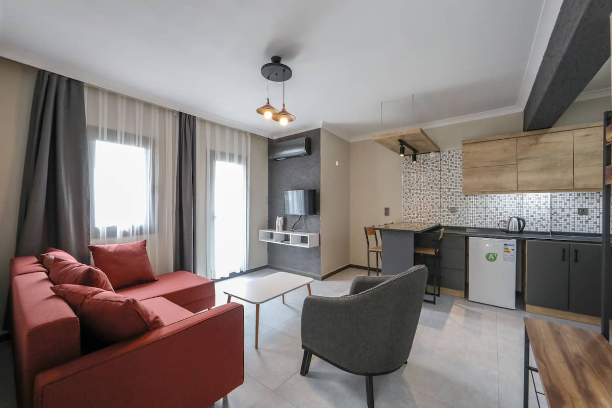 A modern living room with a sofa, a chair, a table, and a kitchen area with cabinets and a refrigerator.