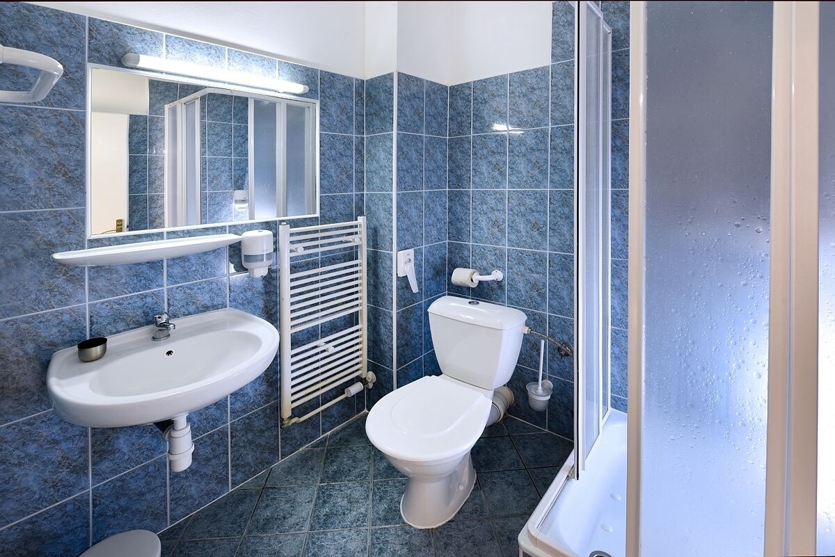 A bathroom with a white sink, a toilet, and a mirror.