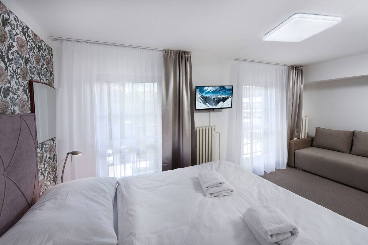 A hotel room with a bed, a sofa, a TV, and a radiator.