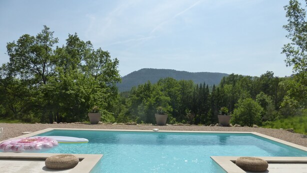 A rectangular swimming pool with clear blue water, surrounded by a concrete deck. There are two large potted plants and a pink inflatable float on the deck. - Villa in a green setting, not overlooked, facing the village of Bargemon (bargemon)