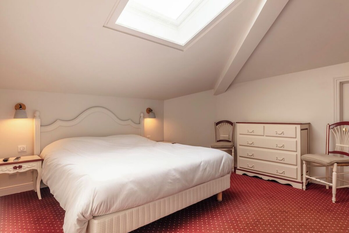A bedroom with a bed, a dresser, a chair, and a skylight.