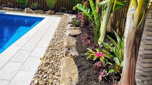 A swimming pool with a pebble border and tropical plants.