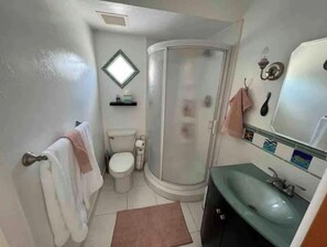 A bathroom with a toilet, a shower, and a sink. - New Pool!!!! And tropical landscape! 3 bedroom 3 bath house near barefoot beach (Bonita Springs)
