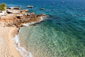 On the beach, sun loungers, beach towels