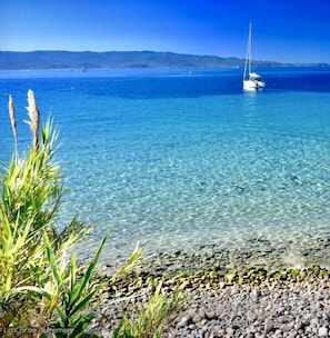 A clear view of a rocky shoreline with a sailboat in the distance.