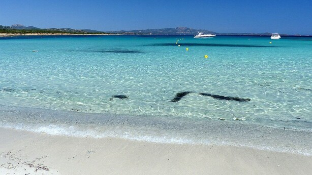 Una spiaggia con acque cristalline turchesi, una riva sabbiosa e imbarcazioni all'orizzonte.