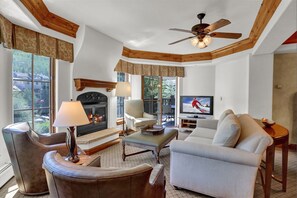 Smart TV, caminetto, lettore DVD, libri