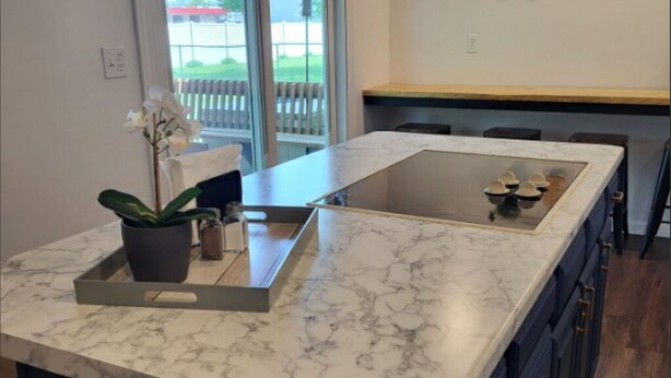 A kitchen with a marble countertop, a built-in stove, and a potted plant.