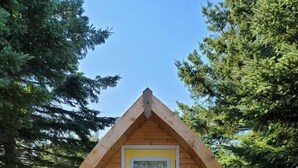 Eine kleine Holzhütte mit gelbem Eingang und einem dreieckigen Dach, umgeben von Bäumen.