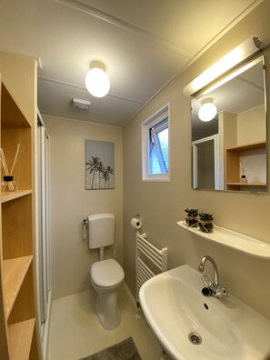 A modern bathroom with a toilet, sink, and mirror. There is a window with blinds, a radiator, and a shelf with plants.