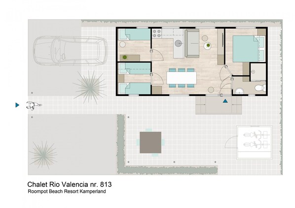 Planta baixa do Chalet Rio Valencia nº 813, com sala de estar, cozinha, sala de jantar, dois quartos e um banheiro.