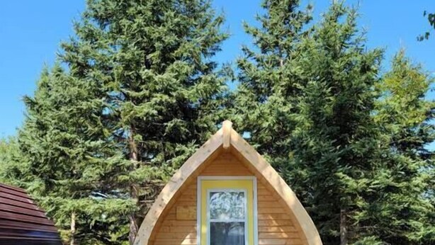 Una cabaña pequeña de madera con puerta amarilla, rodeada de árboles y un cielo despejado.