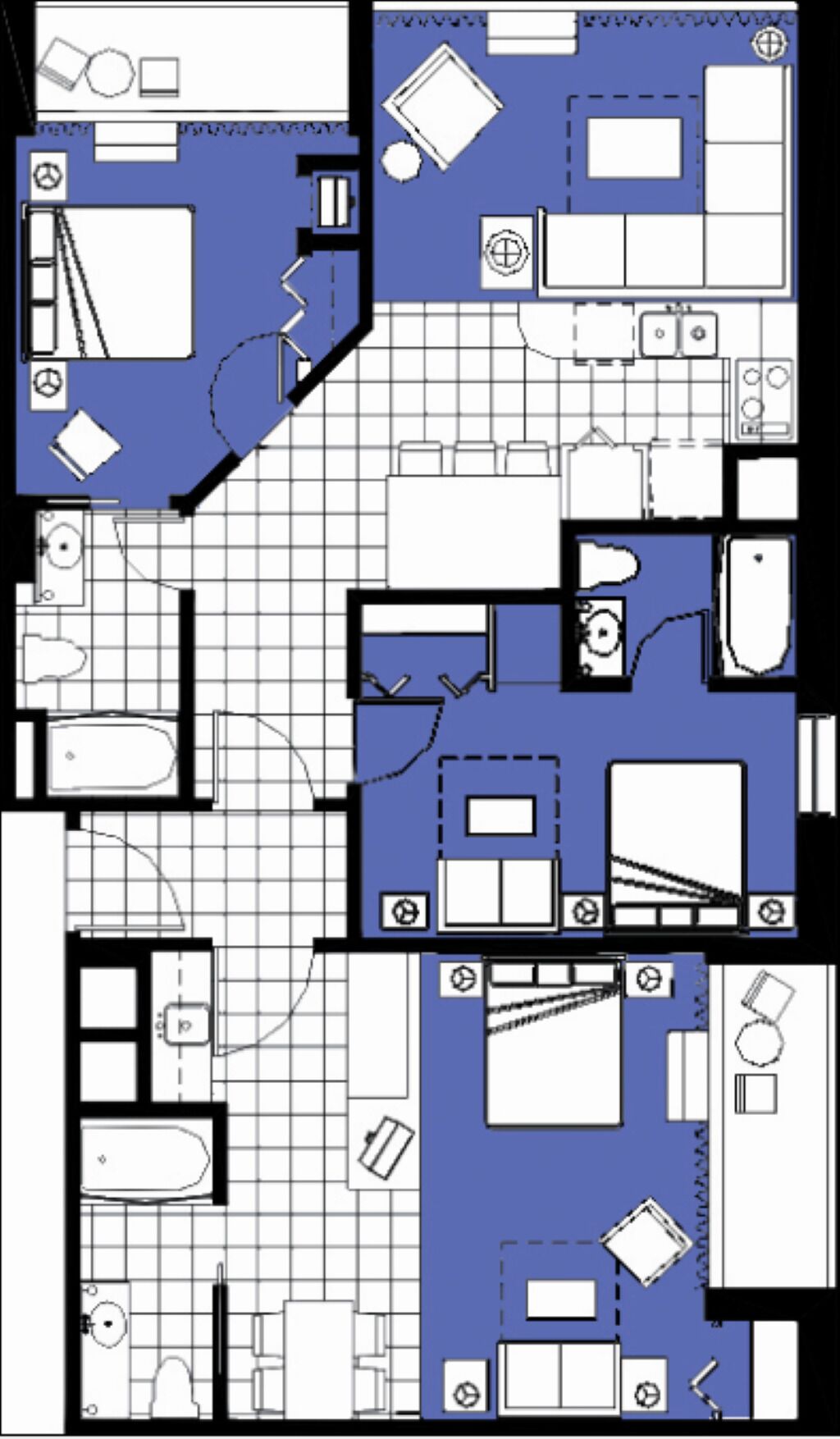 Plano de un cuarto de hotel que incluye un baño, una kitchenette, una sala de estar y un dormitorio.