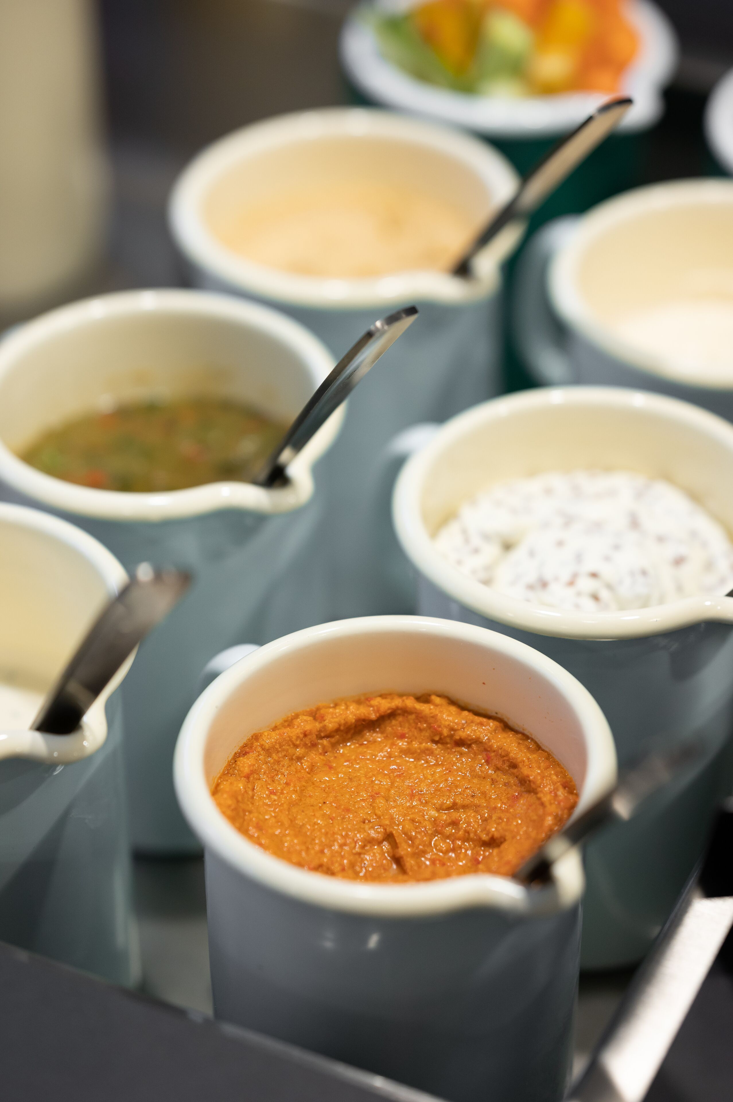 A row of small bowls containing various sauces and dips, arranged on a tray.