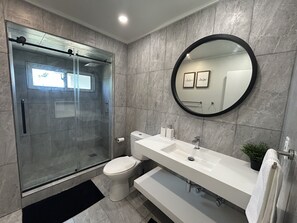 Shower, hair dryer, towels, toilet paper