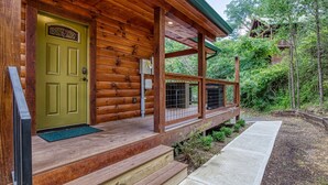 Una cabaña de troncos con puerta verde, porche de madera y vistas al bosque circundante.