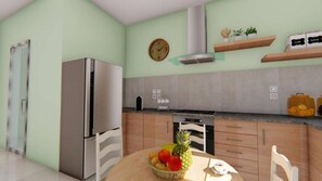 Fridge, cookware/dishes/utensils, dining tables - Alexandra's Apartments, Port of Zakynthos, Apartment 2 (ZΑΚΥΝΘΟΣ)