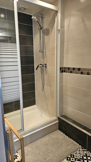 Shower, towels, soap, toilet paper