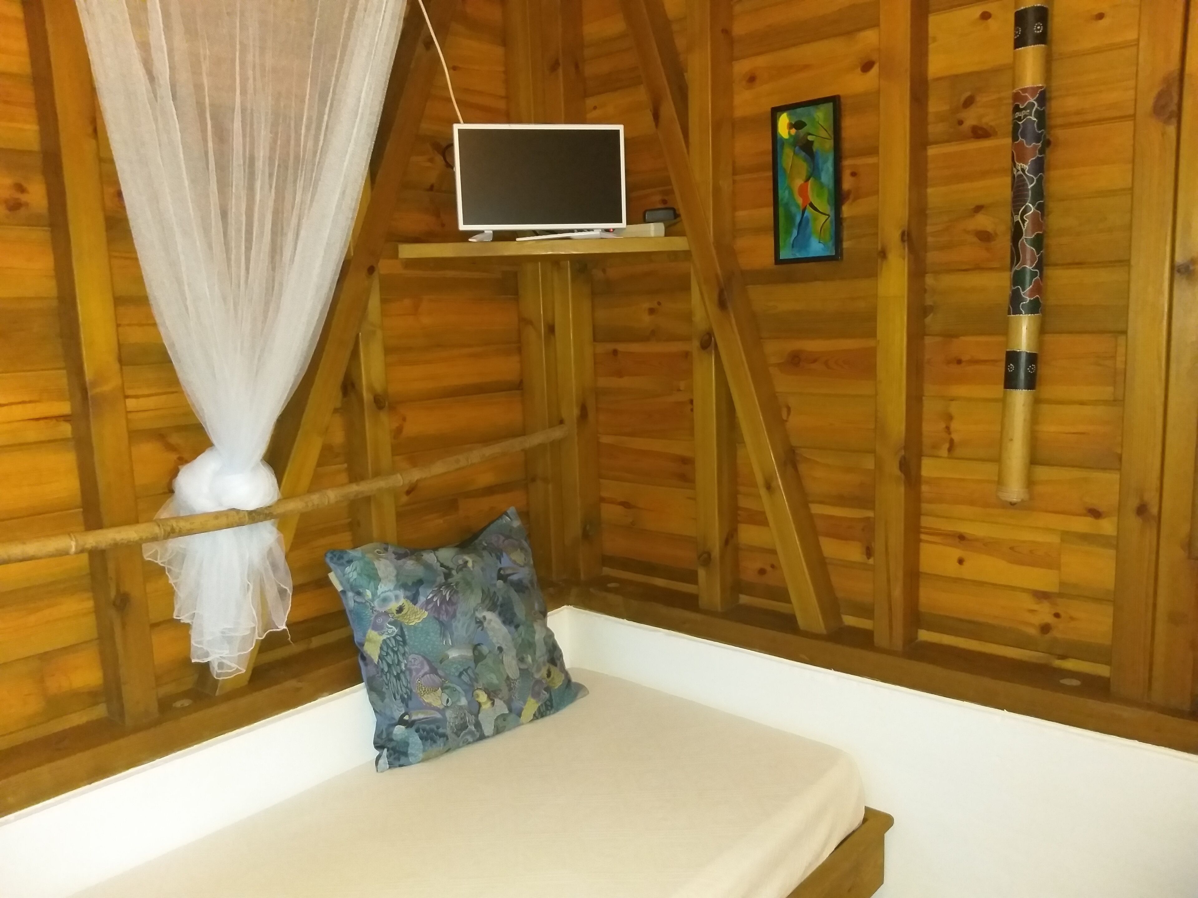 A wooden cabin room with a bed, a white canopy, a small shelf with a TV, and a painting on the wall.