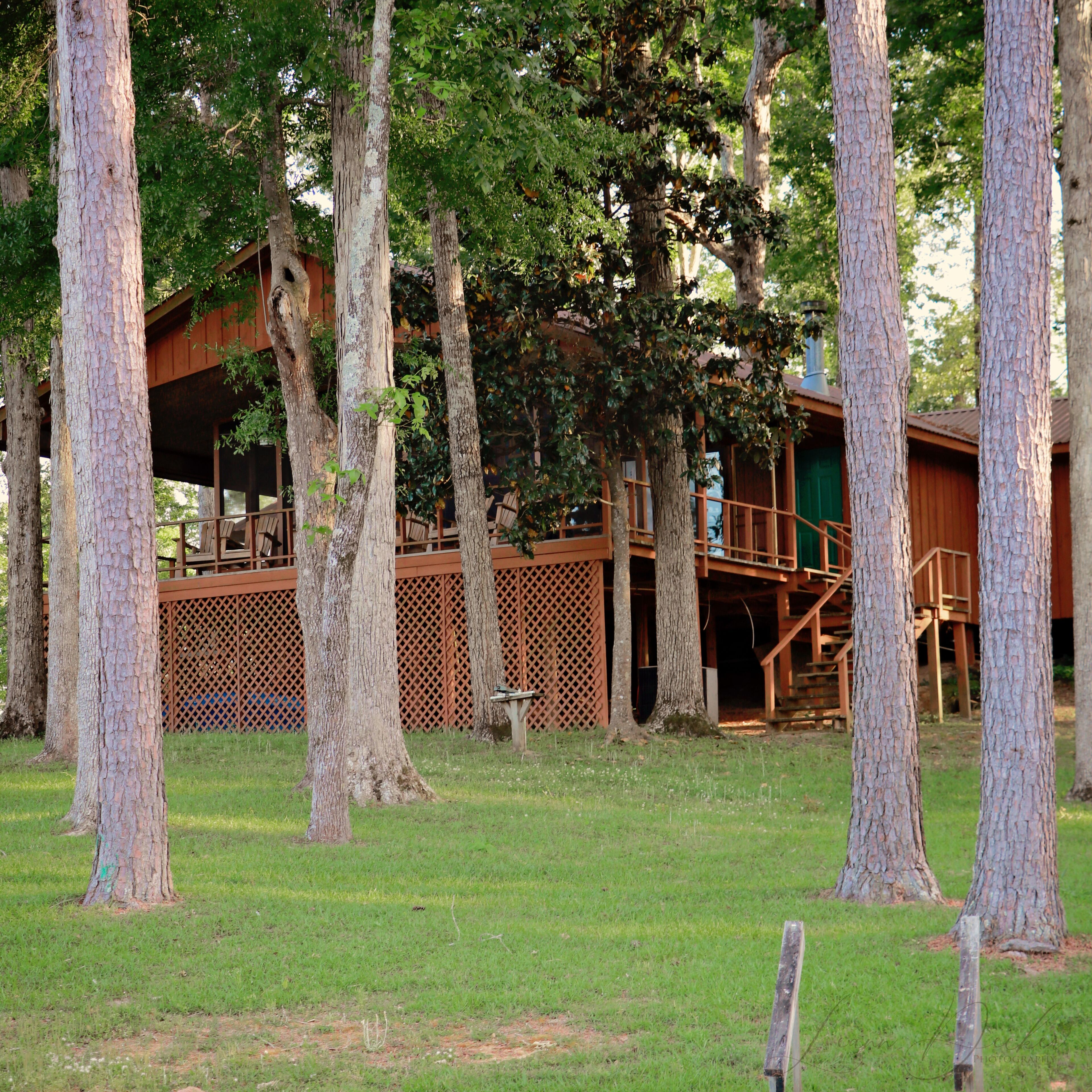 A wooden cabin with a deck and stairs, surrounded by trees and grass.