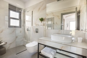 Shower, hair dryer, towels
