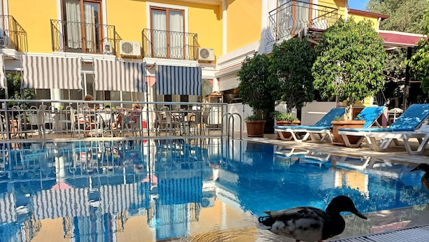 A swimming pool with lounge chairs and umbrellas, surrounded by a building with balconies and air conditioning units. - Hotel Barlas Fethiye (Fethiye)