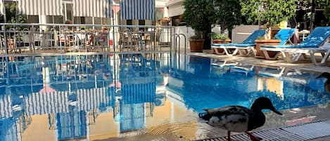 Seasonal outdoor pool, pool umbrellas