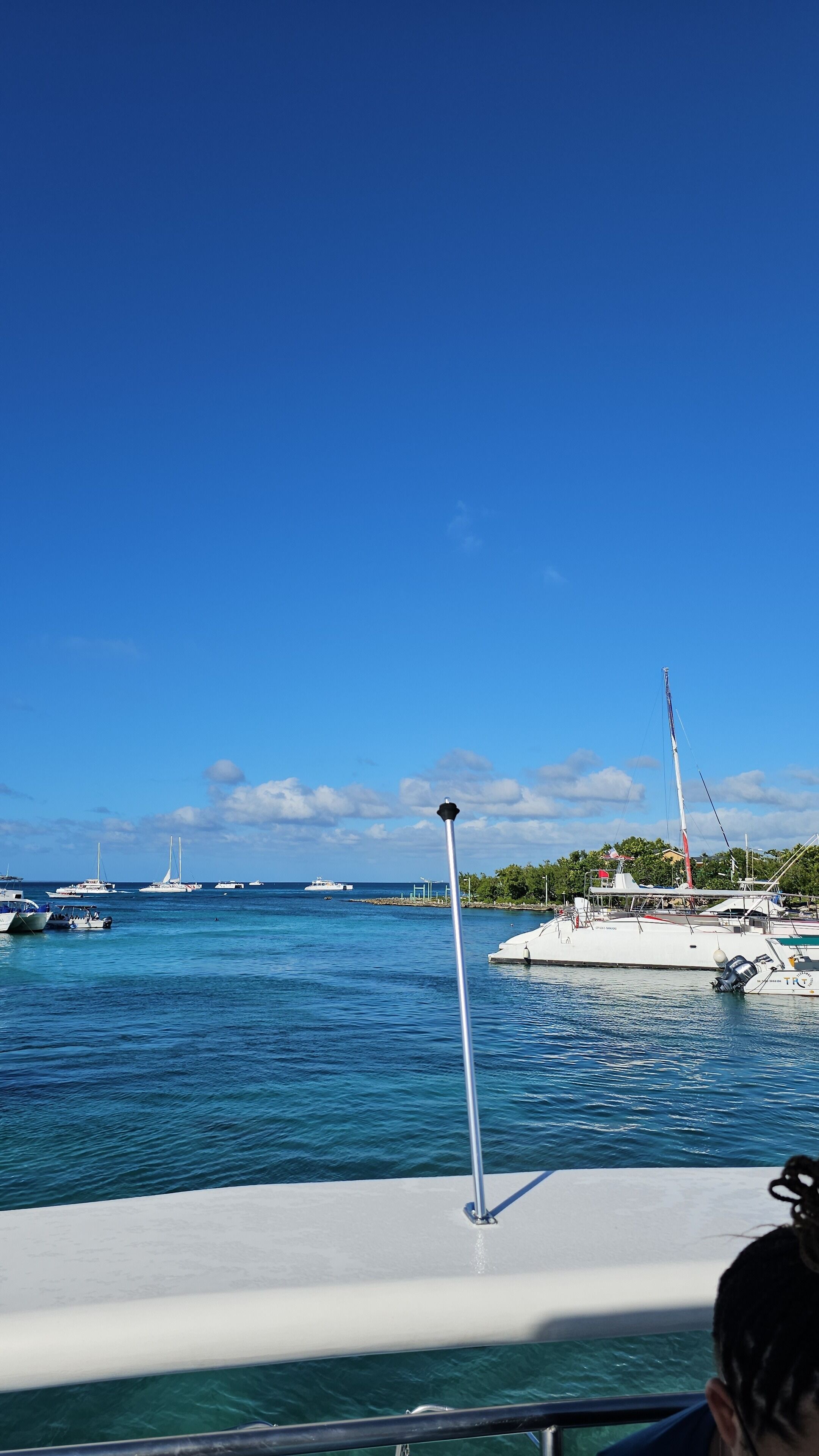 Un port de plaisance où sont amarrés différents types de bateaux, un ciel bleu azur et une mer calme.