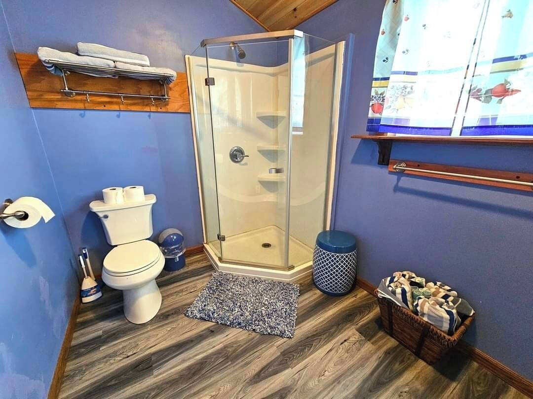 Douche, serviettes fournies, papier toilette