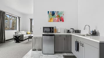 Fridge, microwave, coffee/tea maker, electric kettle