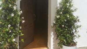 En døråbning med en hvid dør, omkranset af to plantekasser med hvide blomster, der fører ind i et rum.