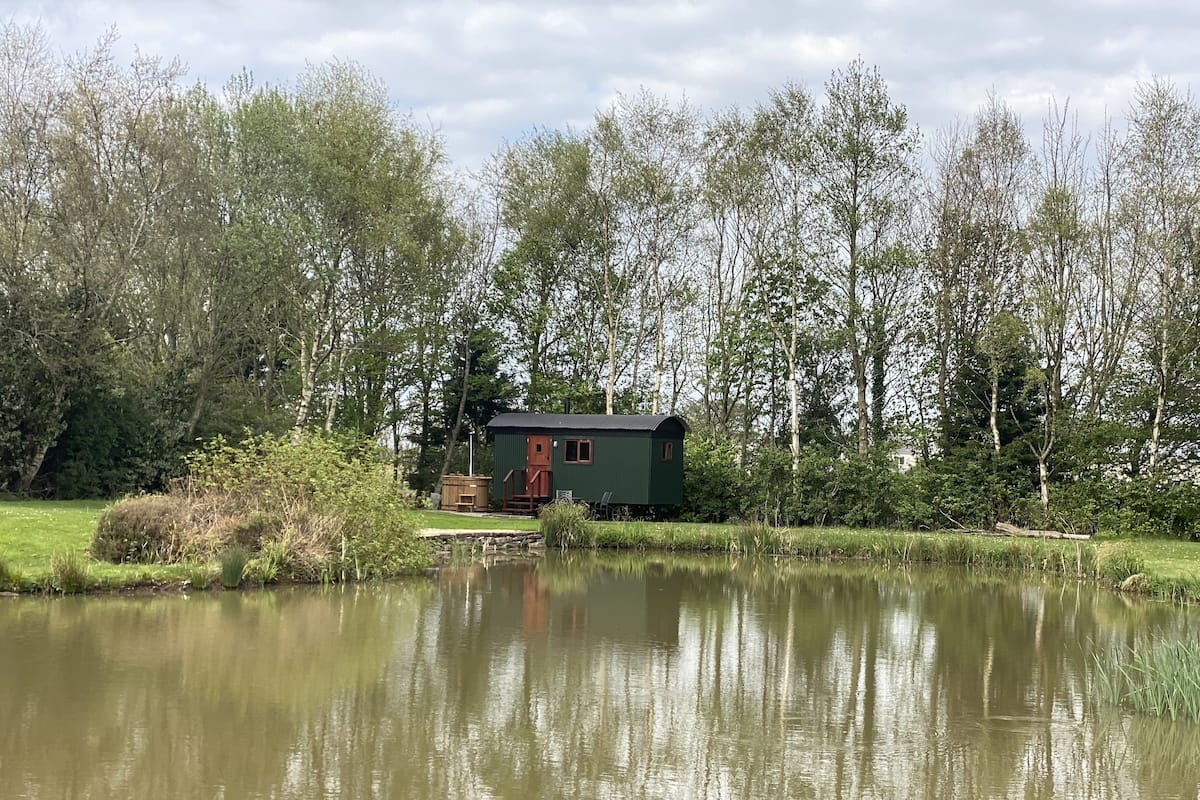 A small cabin by a pond with a wooden deck and a red door, surrounded by trees and greenery.