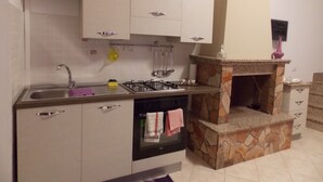 A kitchen with a gas stove, sink, and a stone fireplace. - Malu's House (Castelluccio Superiore)