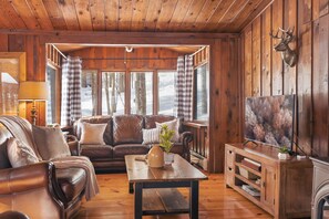 Smart TV, fireplace, books, stereo