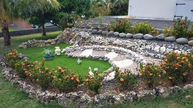 Un jardín ajardinado con diversas plantas, rocas y elementos decorativos.